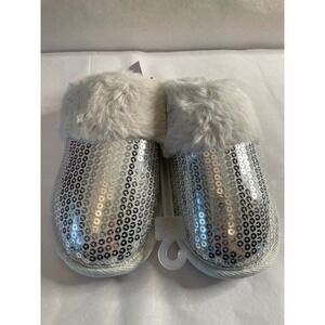 Auden Women Silver Sequin Faux Fur Trim Scuff Slippers Size S 5-6 New